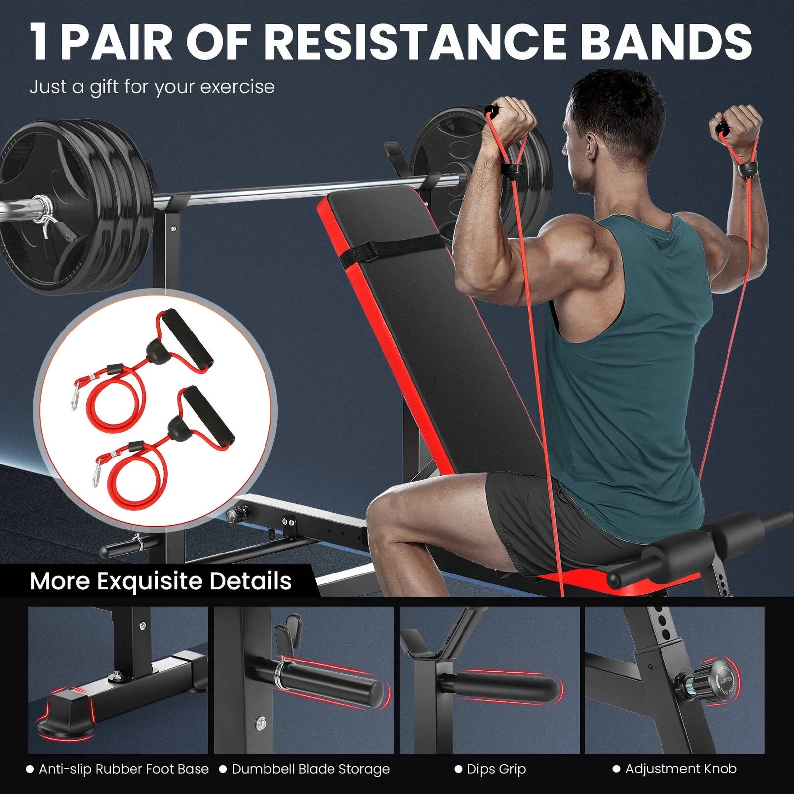 Juego De Banco Ajustable 6 En 1 Con Barra De Sentadillas/Atrapador De Pie Removible Ideal Para Inclinación, Plana, Decadencia Y Sentarse Equipo De Ejercicio De Cuerpo Completo