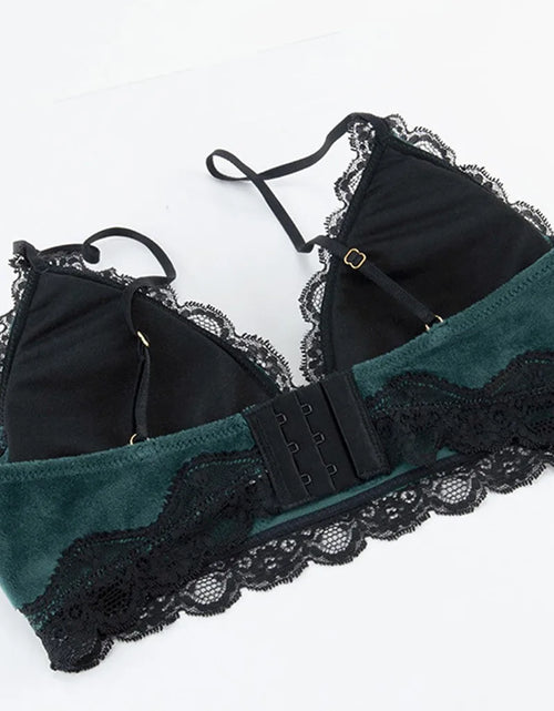 Load image into Gallery viewer, Solid Comfy Velvet Lingeries for Women Floral Lace Gathered Bras and Thong Set 2Pcs Seductive Lingerie Sexy Sleepwear Pajama Set
