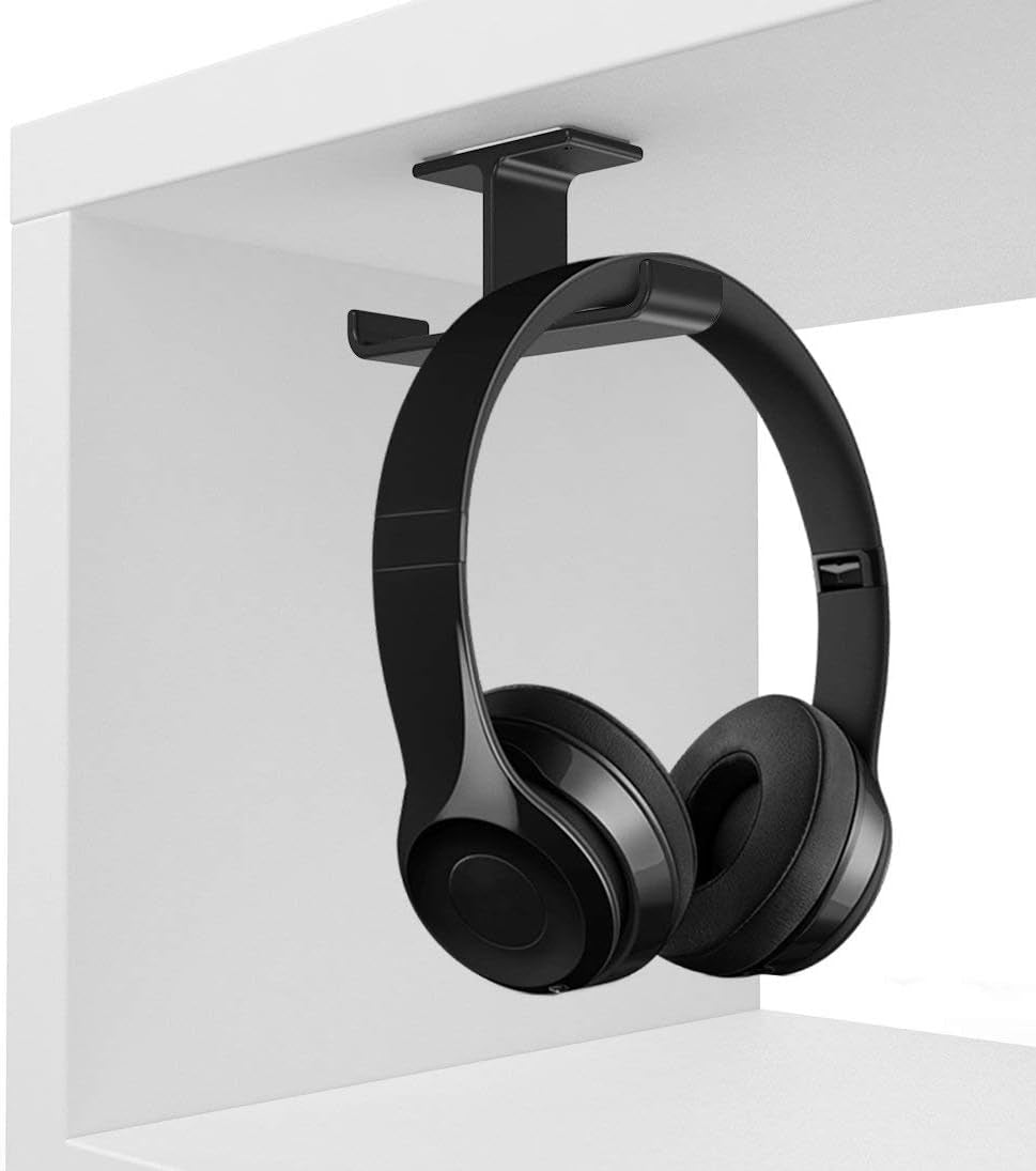Headphone Headset Holder,  Headphones Stand Hanger Hook Aluminum Stick-On Adhesive under Desk Dual Headsets Holder Mount Gaming Accessories for All Headphones, Black