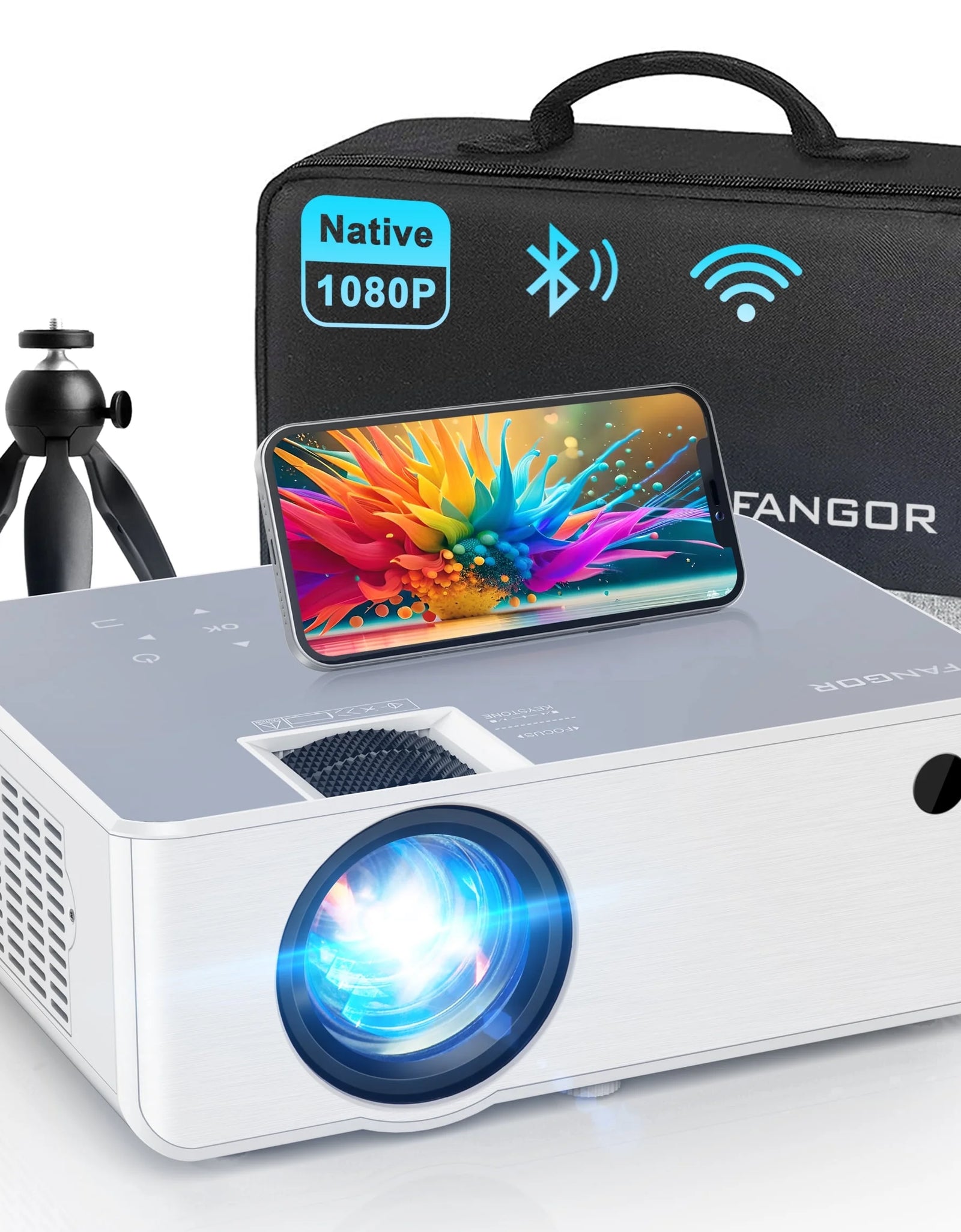 Proyector Wifi Bluetooth, Proyector De Películas Portátil Nativo 1080P Para Hogar Y Exterior, Proyector De Vídeo HD Completo Compatible Con Teléfono/Portátil/Pc/Tv Stick/Usb/Tarjeta Sd (Trípode Incluido)
