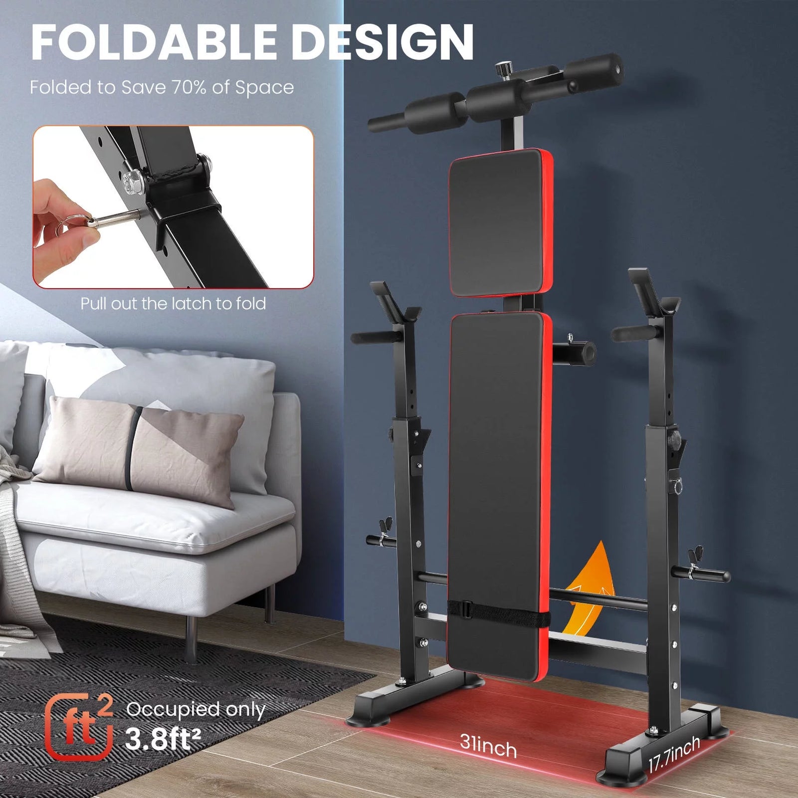 Juego De Banco Ajustable 6 En 1 Con Barra De Sentadillas/Atrapador De Pie Removible Ideal Para Inclinación, Plana, Decadencia Y Sentarse Equipo De Ejercicio De Cuerpo Completo