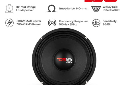 PRO-X10M Loudspeaker - 10", Midrange, Red Steel Basket, 600W Max, 300W RMS, 8 Ohms - Premium Quality Audio Door Speakers for Car or Truck Stereo Sound System (1 Speaker), Classic