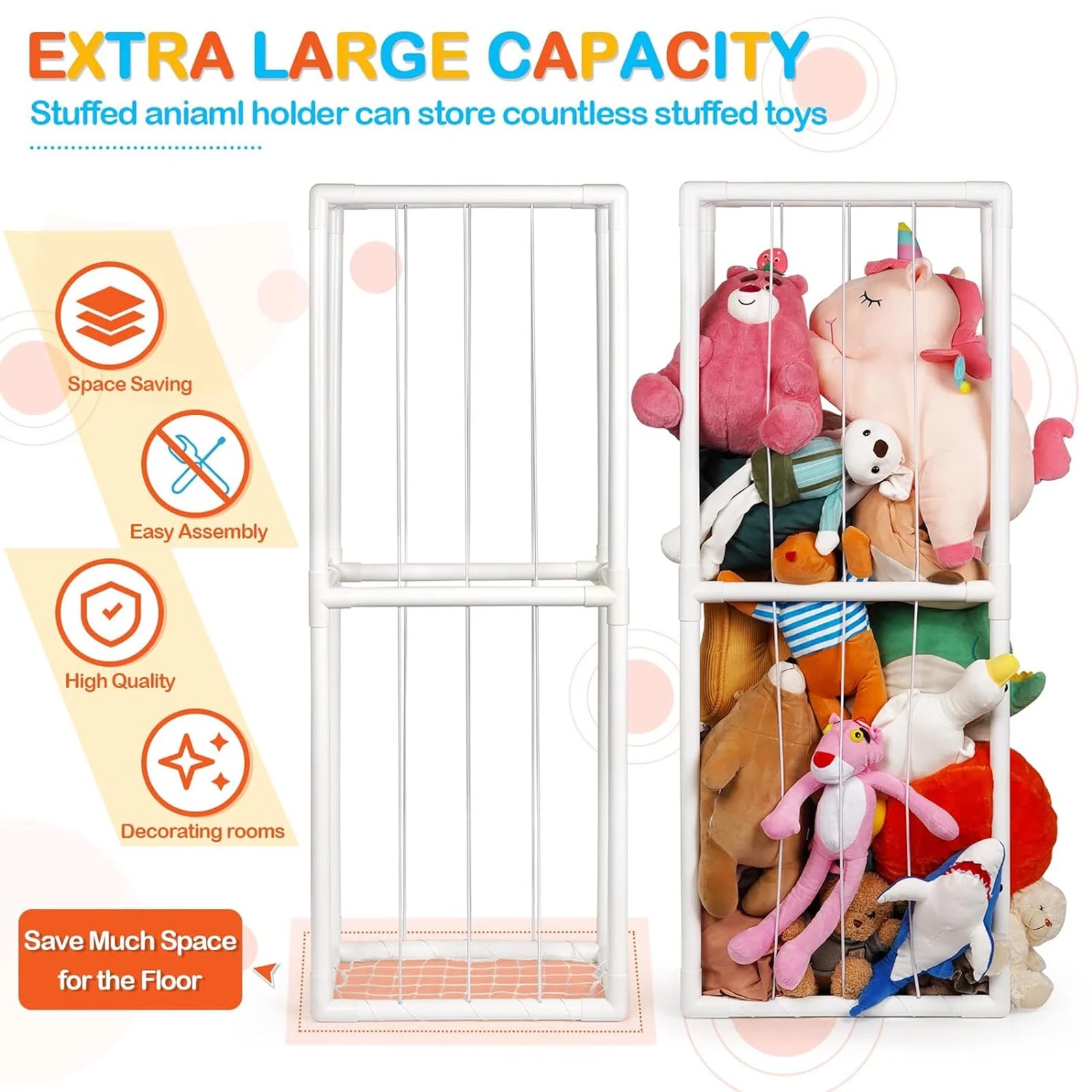 Stuffed Animal Storage Holder, Toy Organizer, PVC Plush Storage Organizer Shelf for Kids Play Room, White