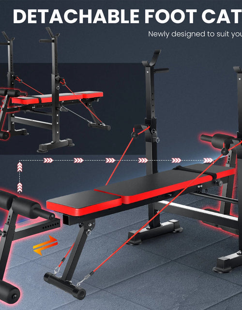 Load image into Gallery viewer, Juego De Banco Ajustable 6 En 1 Con Barra De Sentadillas/Atrapador De Pie Removible Ideal Para Inclinación, Plana, Decadencia Y Sentarse Equipo De Ejercicio De Cuerpo Completo
