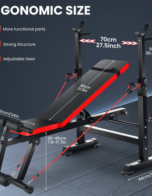 Load image into Gallery viewer, Juego De Banco Ajustable 6 En 1 Con Barra De Sentadillas/Atrapador De Pie Removible Ideal Para Inclinación, Plana, Decadencia Y Sentarse Equipo De Ejercicio De Cuerpo Completo
